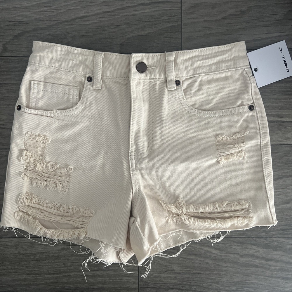 NWT O'Neill Women's Angus Denim Shorts Distressed Raw Hem Bone Size‎ 25